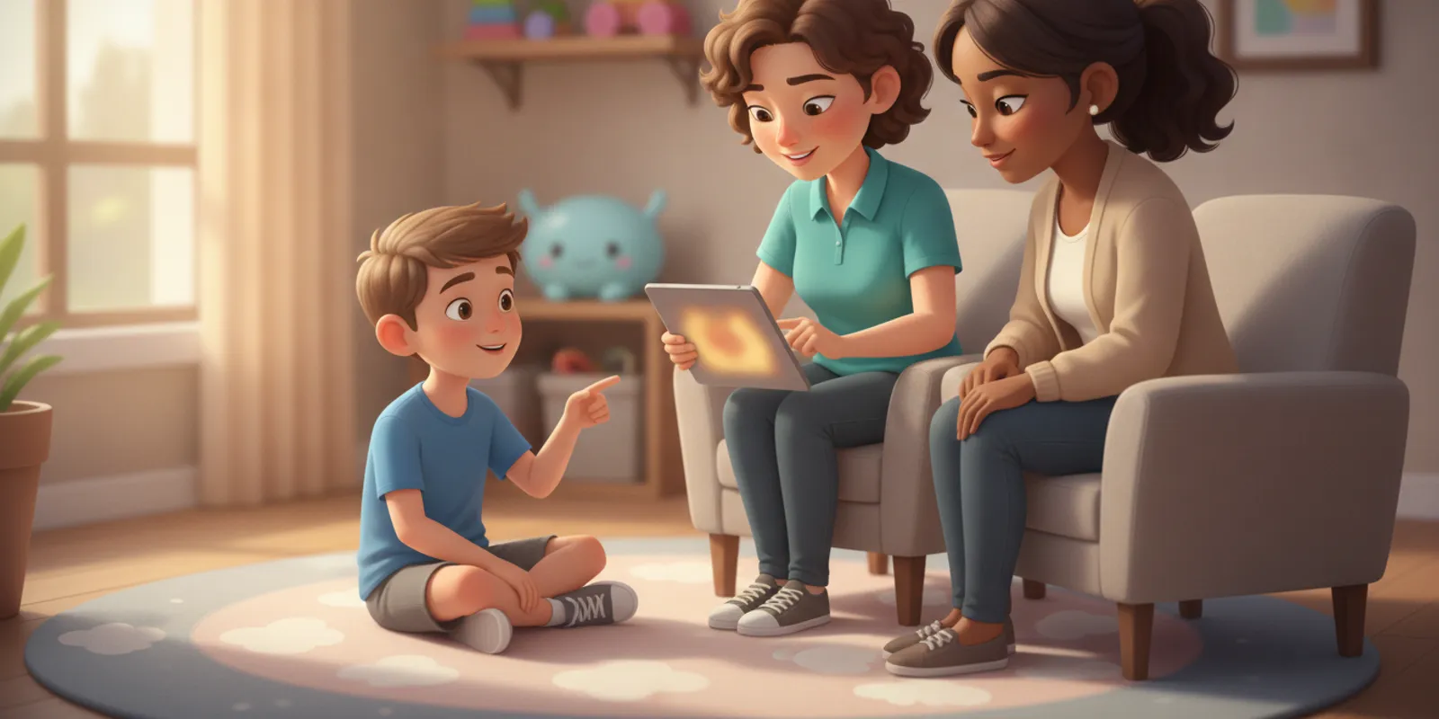 Pediatric physical therapist and caregiver reviewing a tablet together in a bright clinic room
