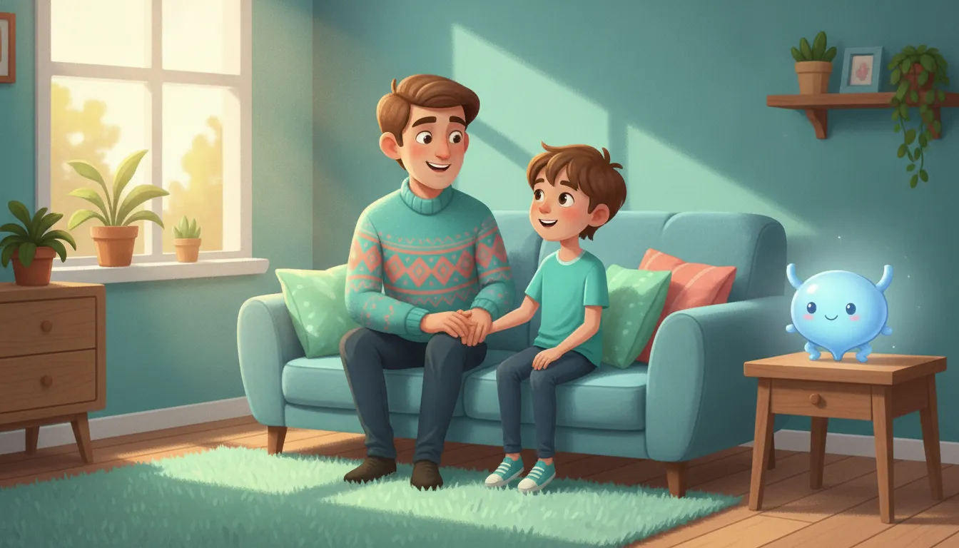 Parent and child having a calm conversation about bladder health