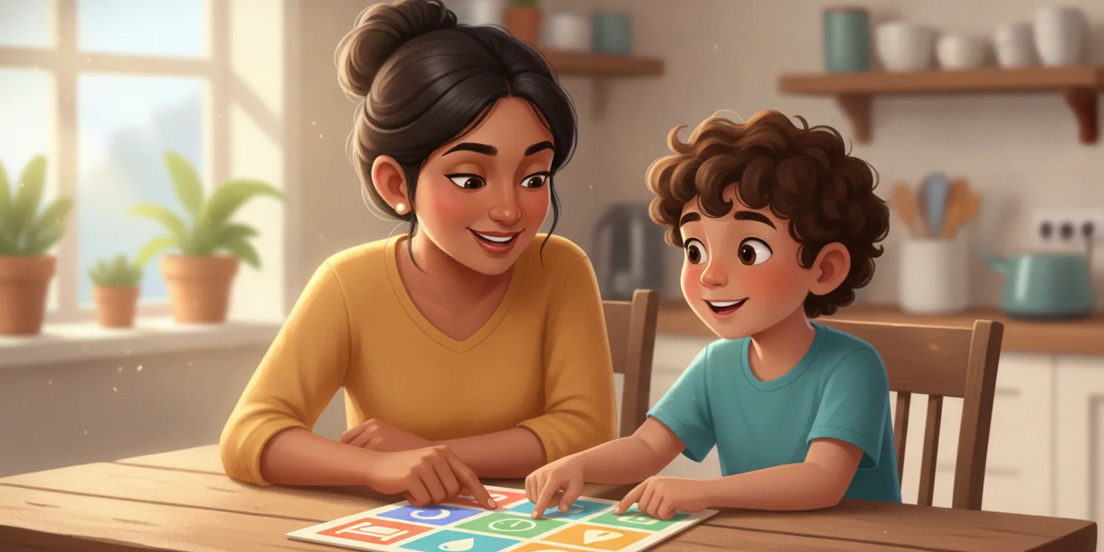 Parent and child calmly reviewing a simple bathroom routine chart at home