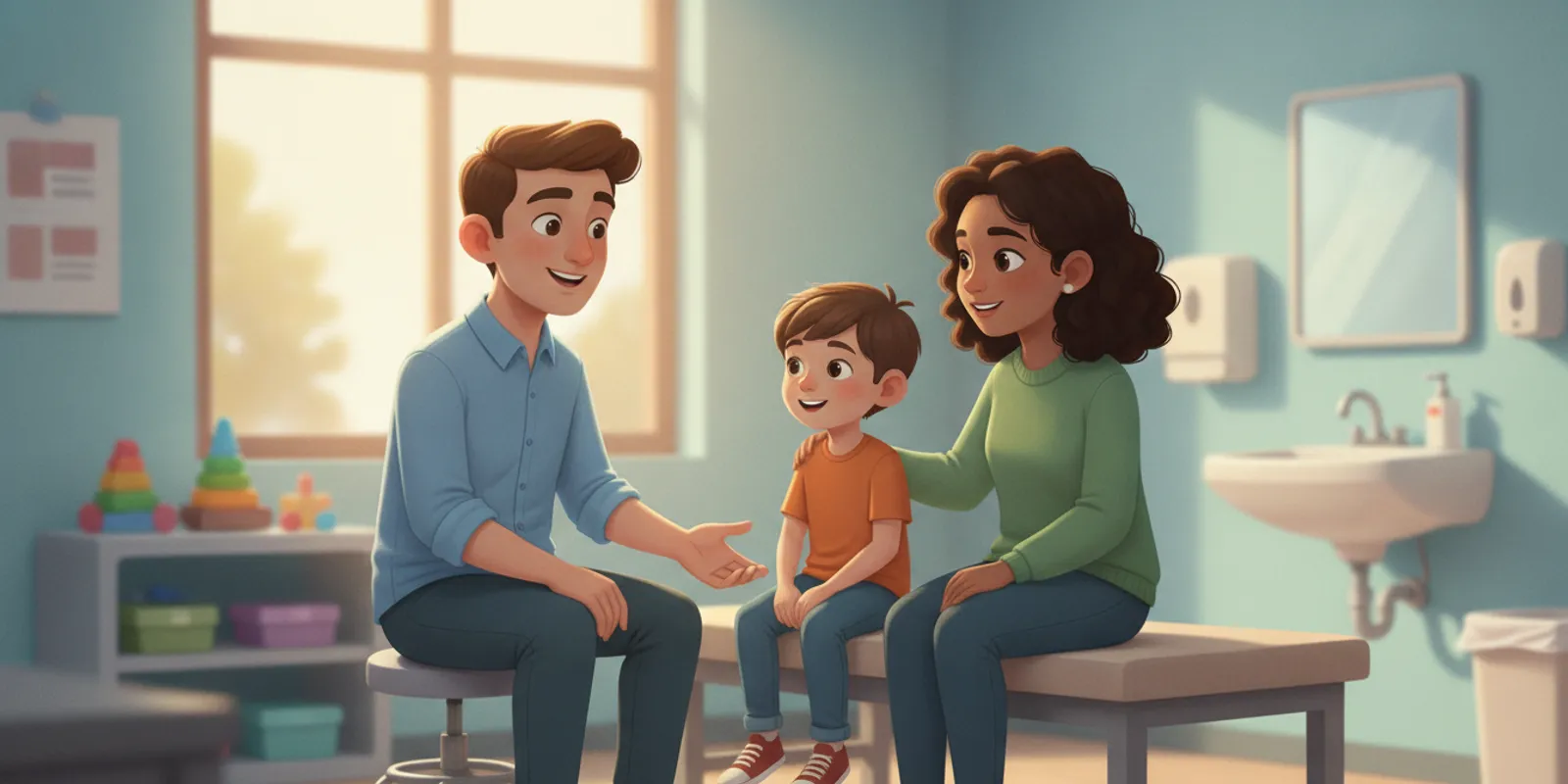 Pediatric clinician speaking warmly with a parent and school-age child in a calm exam room