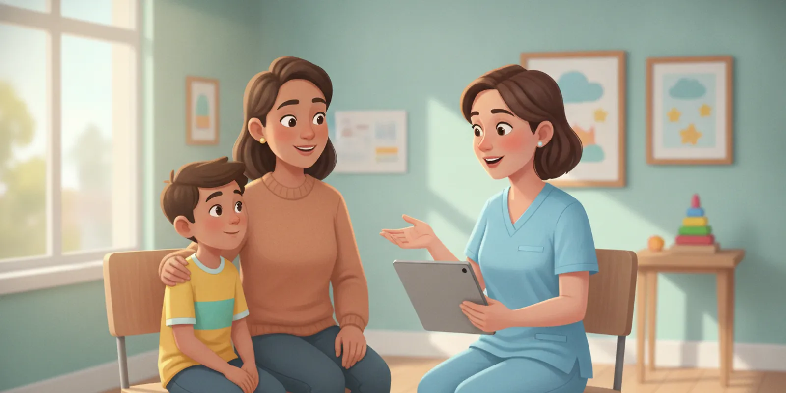 A parent and child speaking with a pediatric clinician while reviewing a bladder health chart