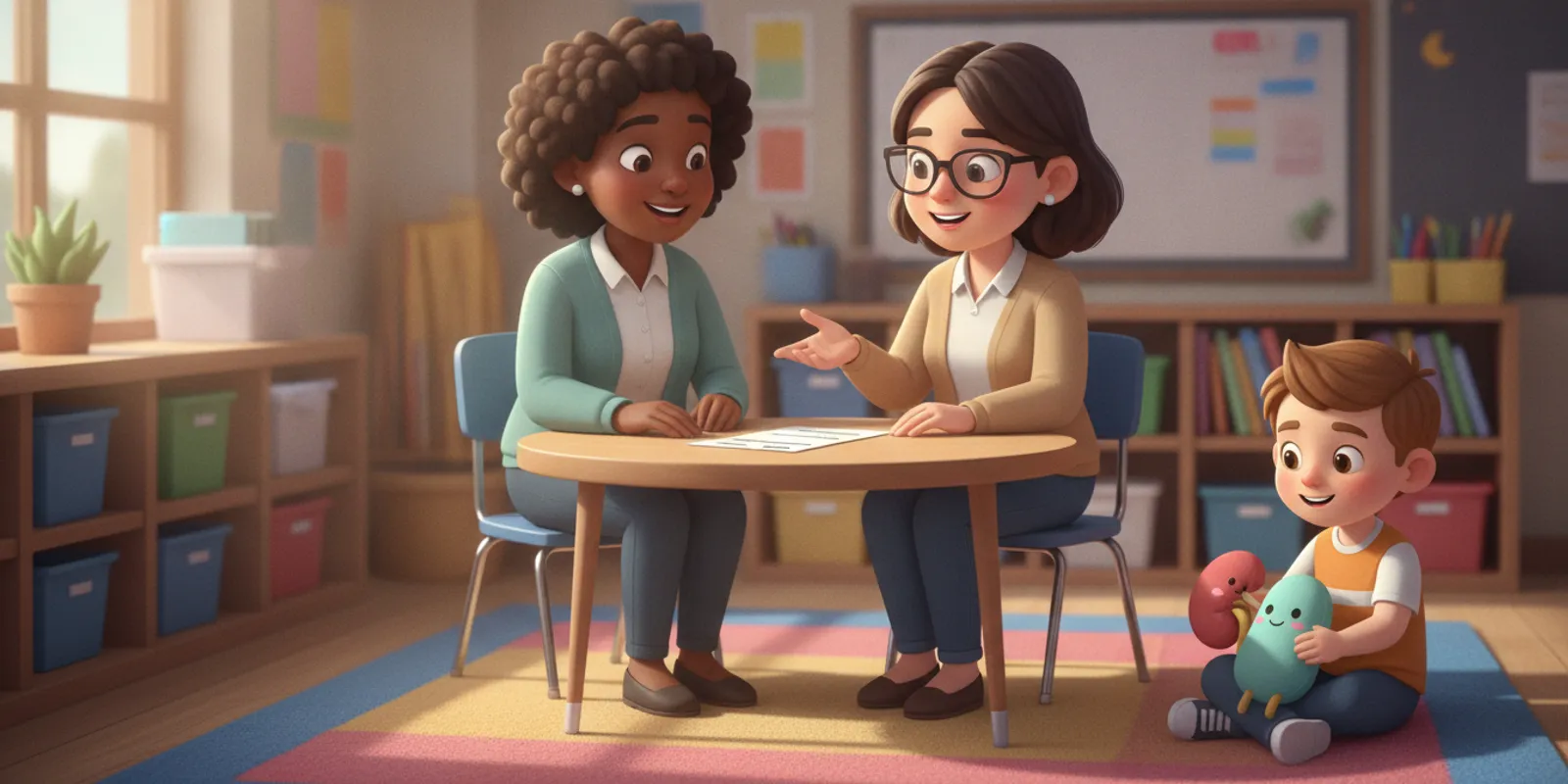 A student and caregiver calmly reviewing a private school bathroom routine at a desk