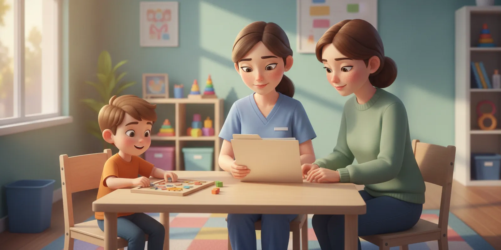 Pediatric physical therapist and caregiver reviewing a family education plan at a clinic table