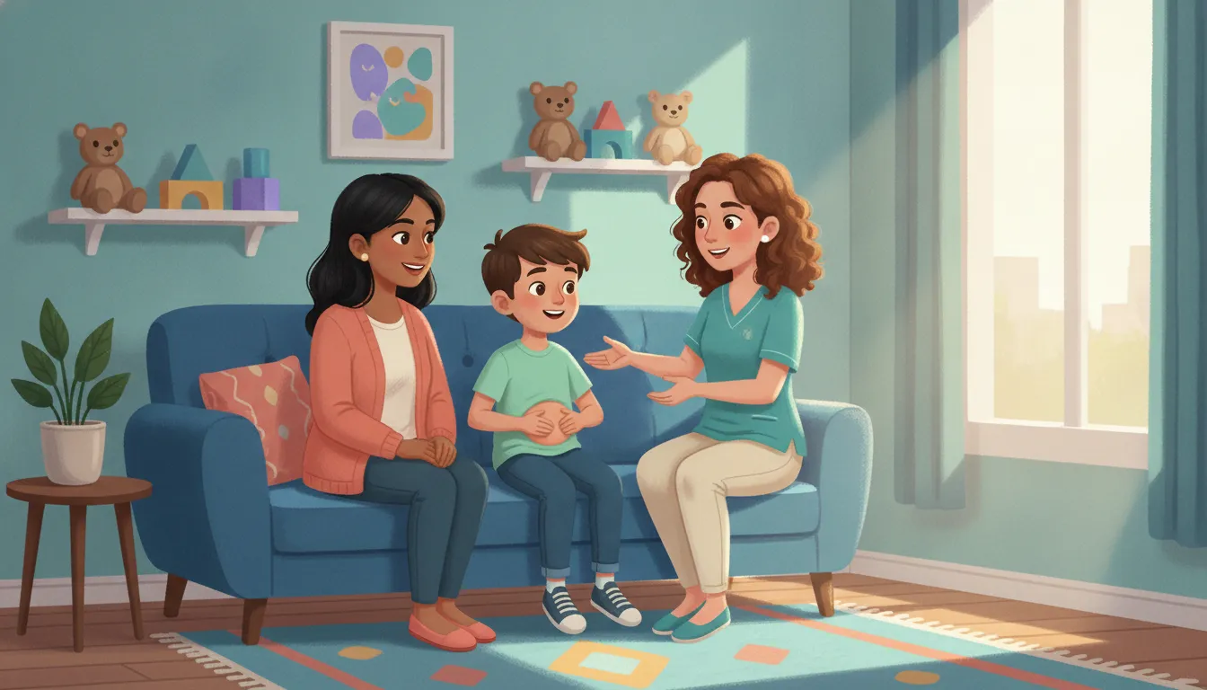 Parent and child talking with a pediatric physical therapist