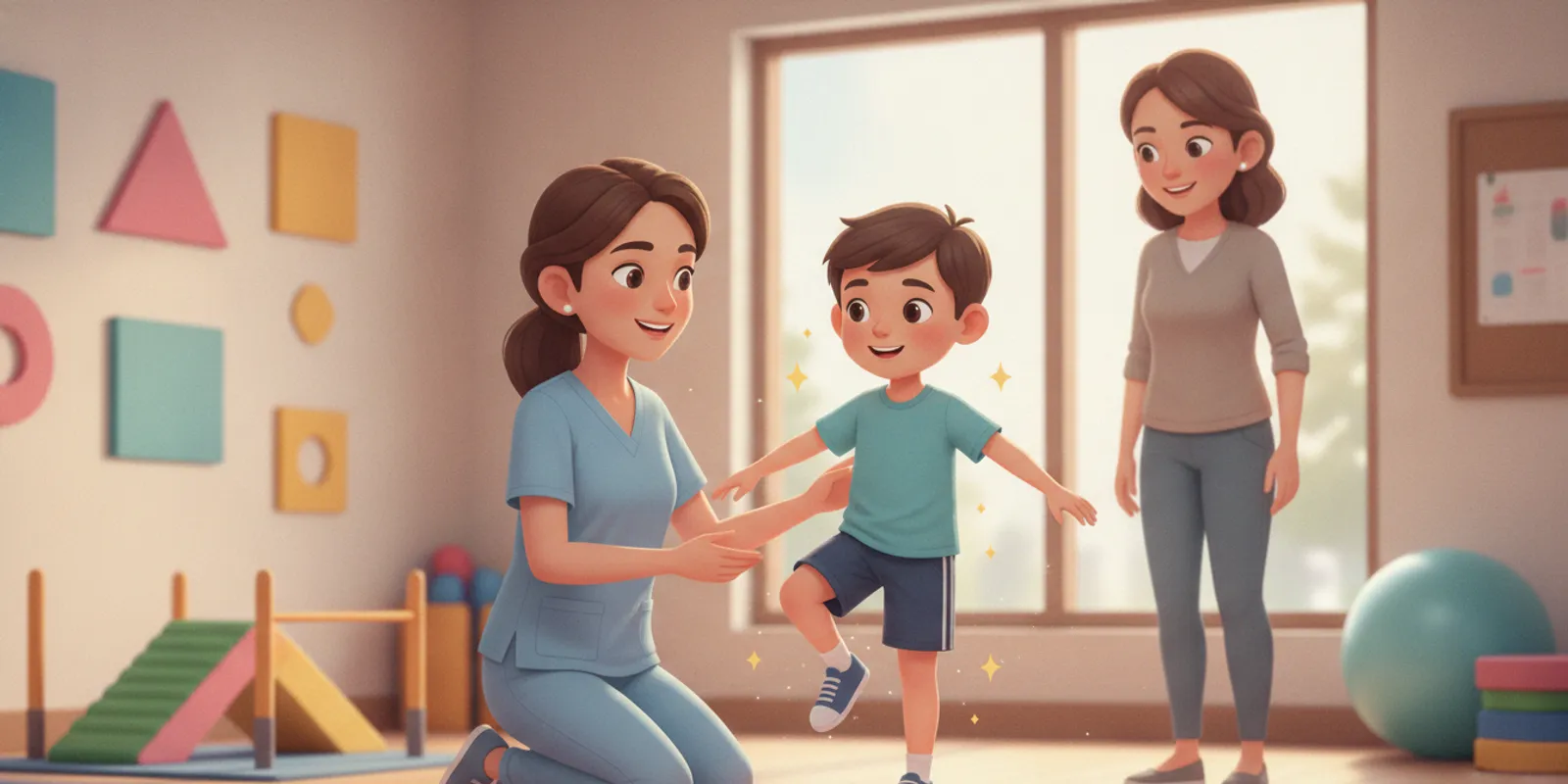 Pediatric physical therapist supporting a child during a playful therapy activity