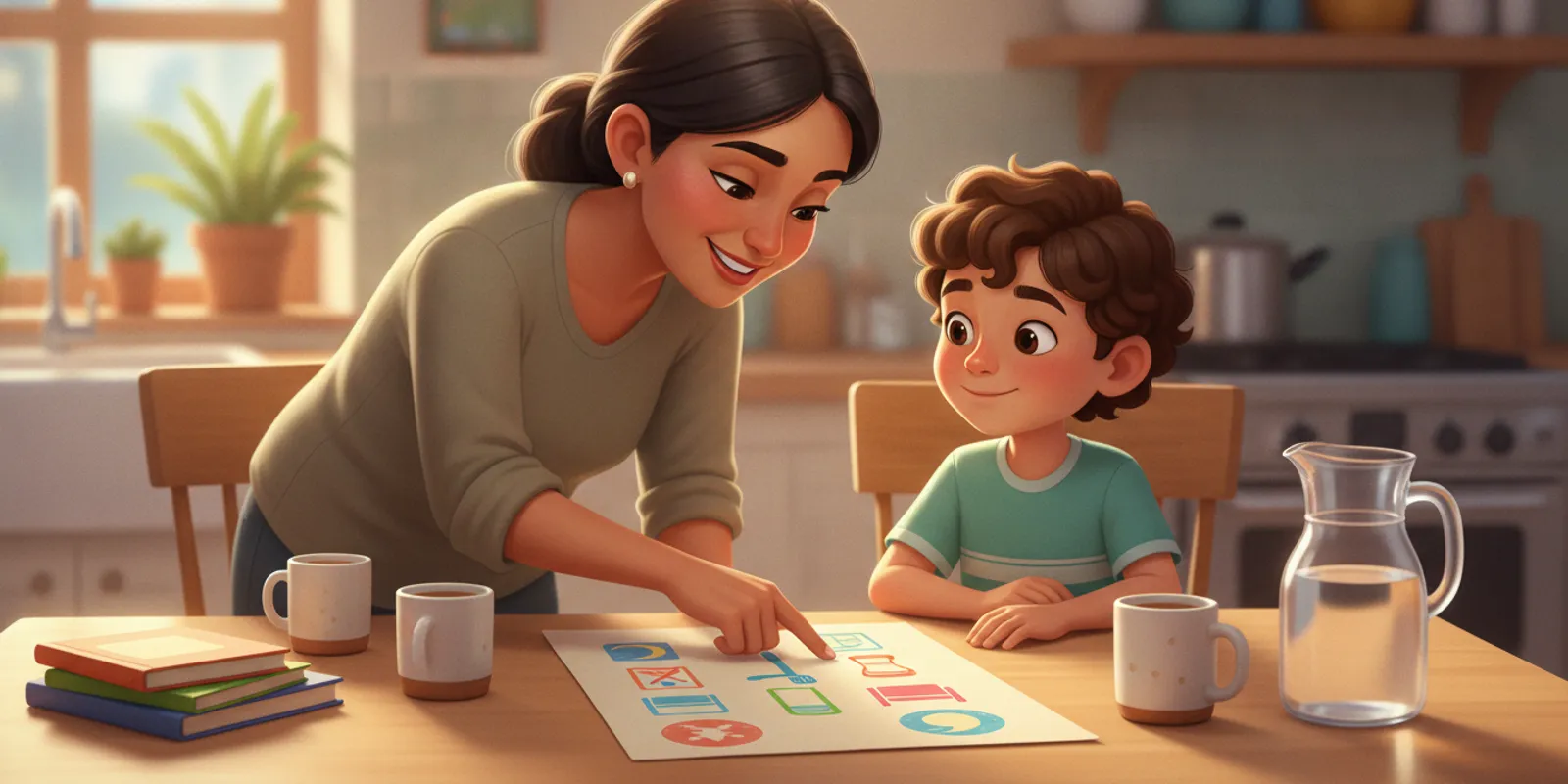 Parent and child reviewing a calm nighttime bladder routine together