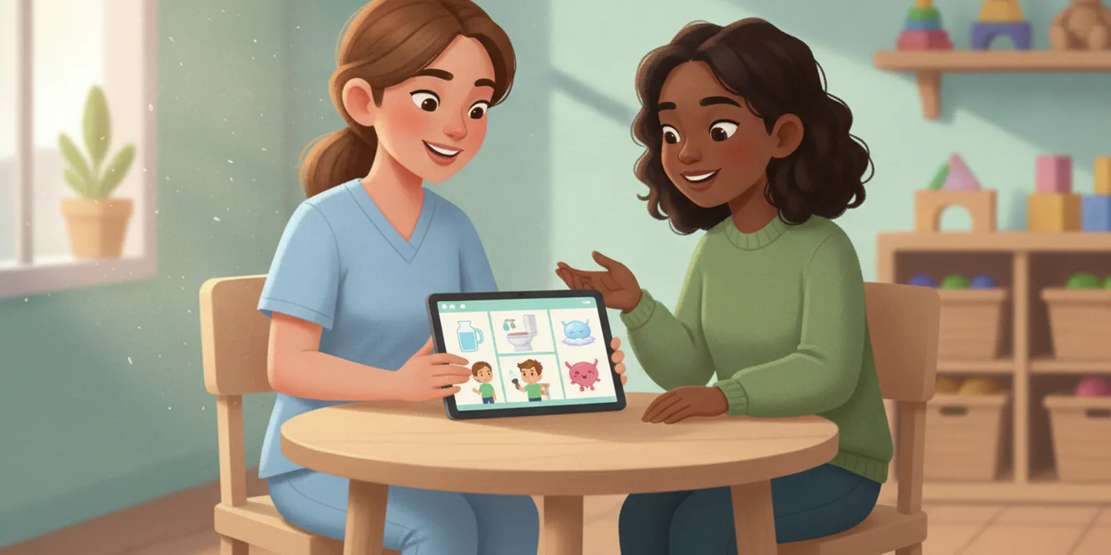 Pediatric physical therapist reviewing a continence education plan with a caregiver