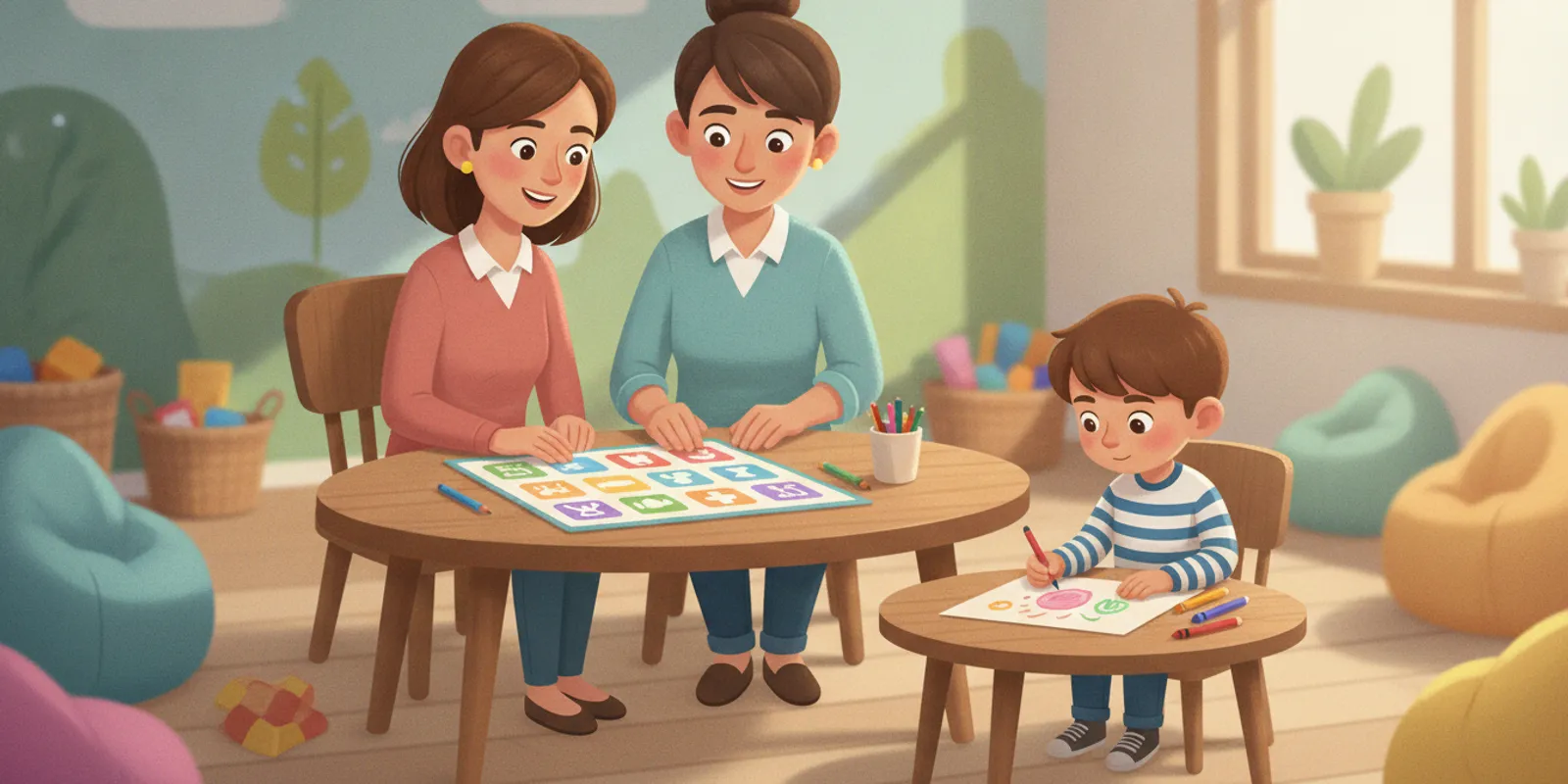 Pediatric physical therapist and caregiver reviewing a child-friendly bladder routine plan