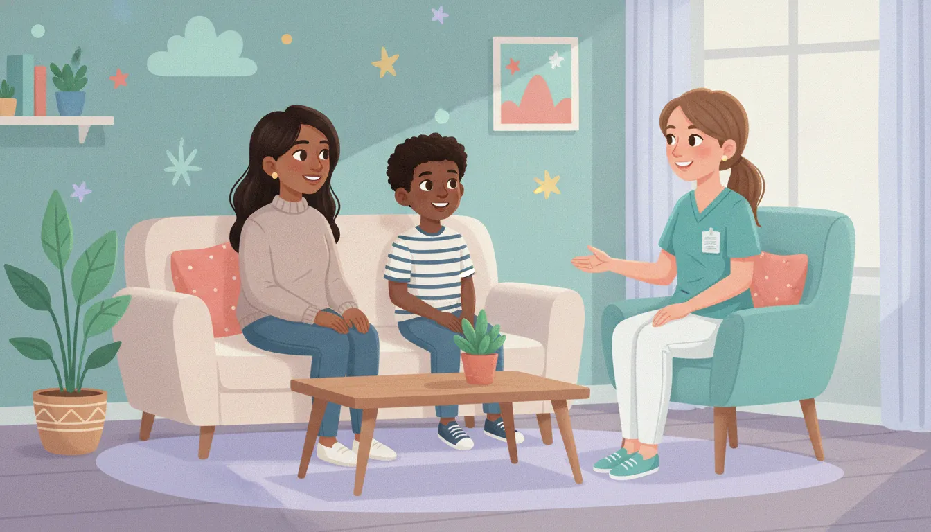 Parent and child talking with a pediatric continence clinic team member