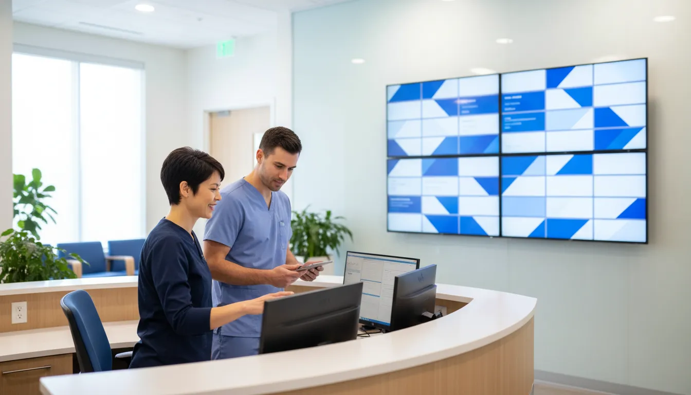 Front office and clinical staff coordinating a patient handoff with dashboard visibility