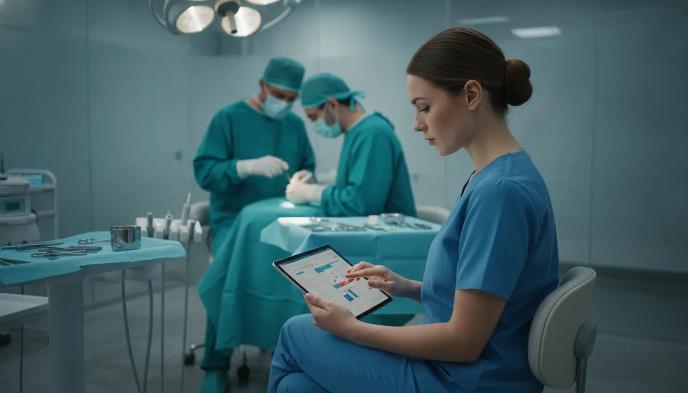 Oral surgery team coordinating a patient care referral pathway on a tablet in a modern clinic