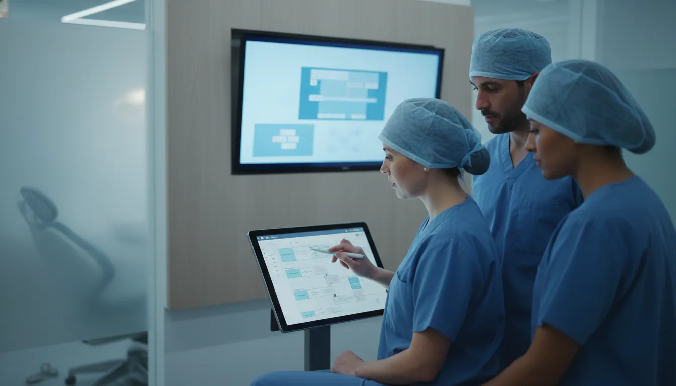 Clinical team reviewing oral and maxillofacial surgery software workflows on a tablet