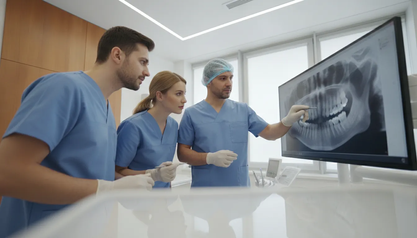 Oral surgery team reviewing panoramic radiographs together on a clinic monitor