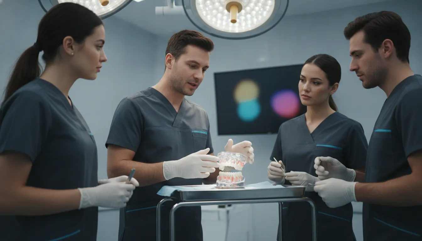 Oral surgeon reviewing a treatment plan with a small surgical team in a modern operatory