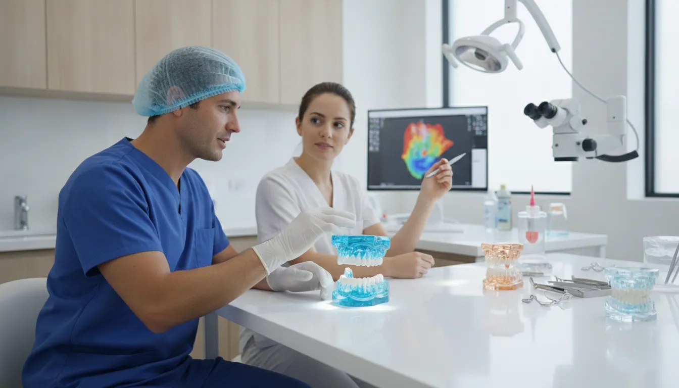 Oral surgeon planning a CBCT case at a clinical workstation in a modern practice