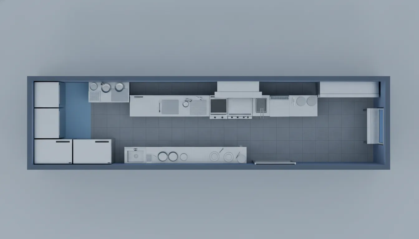 Overhead floor plan of a compact assembly-line commercial kitchen from storage to pass