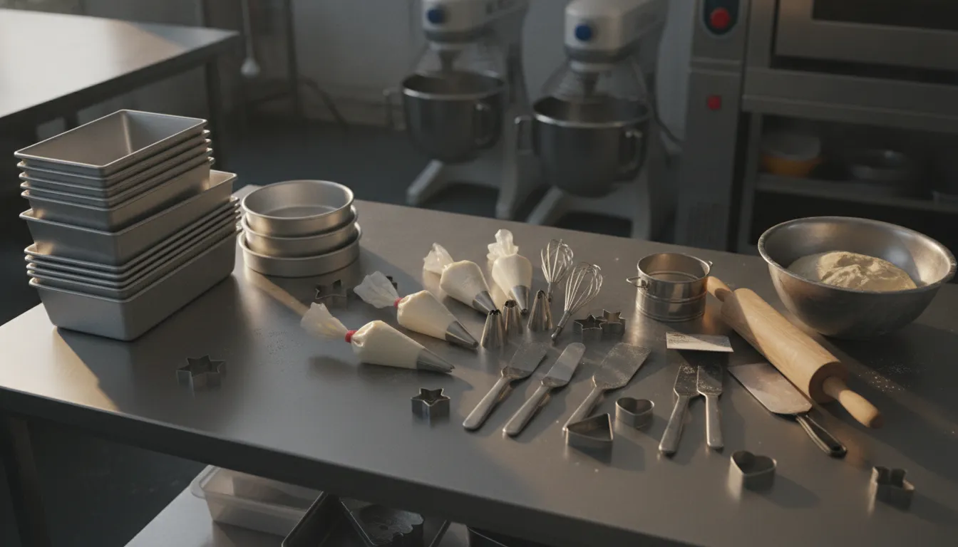 Commercial stainless steel baking pans and cake decorating tools arranged on a professional bakers counter