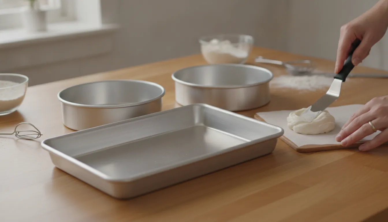 Set of commercial-grade aluminum sheet pans, round cake pans, and a specialty pan arranged on a home baker's kitchen counter