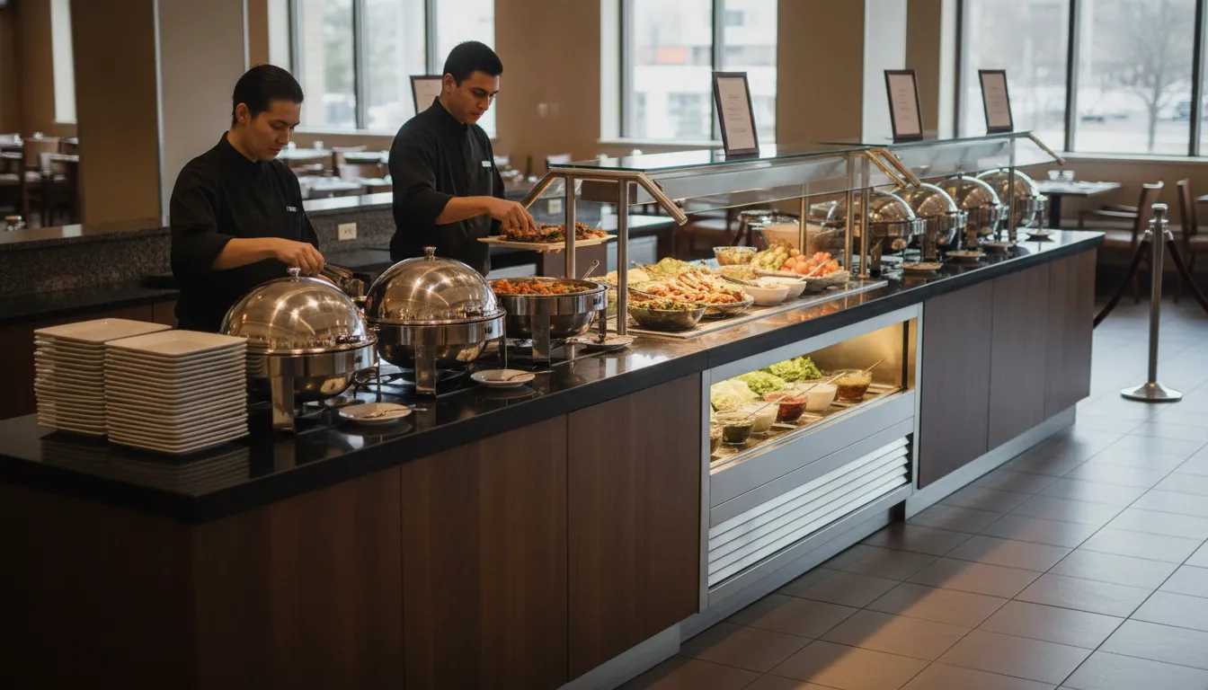 Commercial buffet station with organized serving trays, warmers, menu signs, and catering supplies
