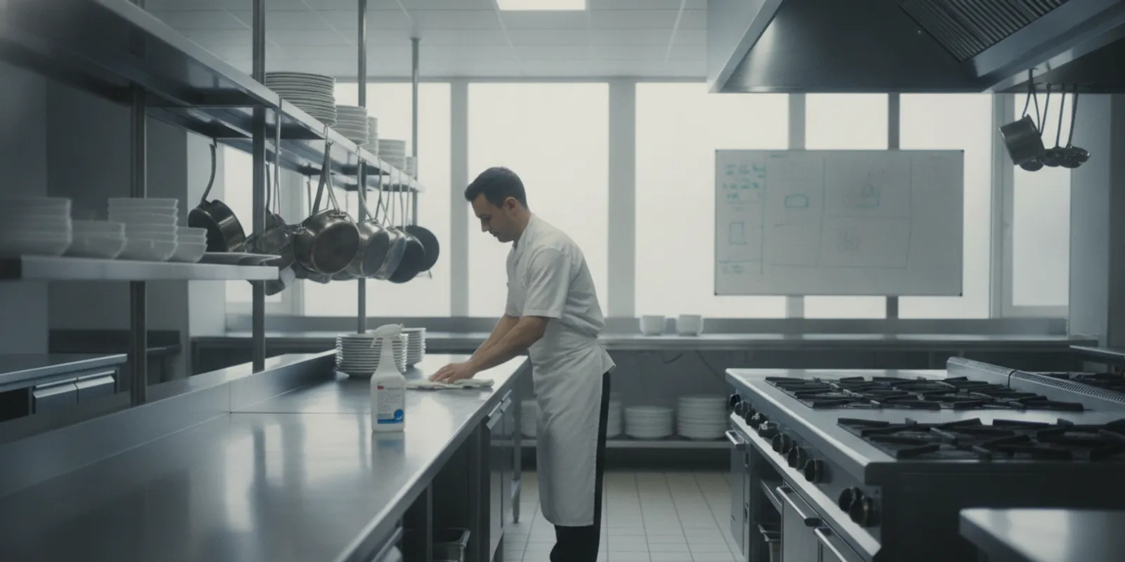 Commercial kitchen worker cleaning and sanitizing a stainless-steel food preparation counter