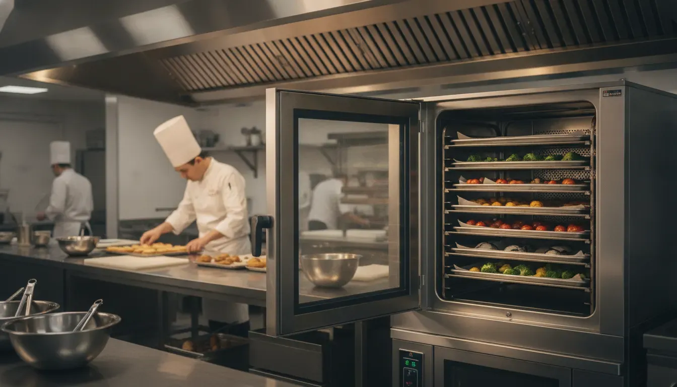 Stainless steel commercial combi oven with sheet pans in a professional restaurant kitchen