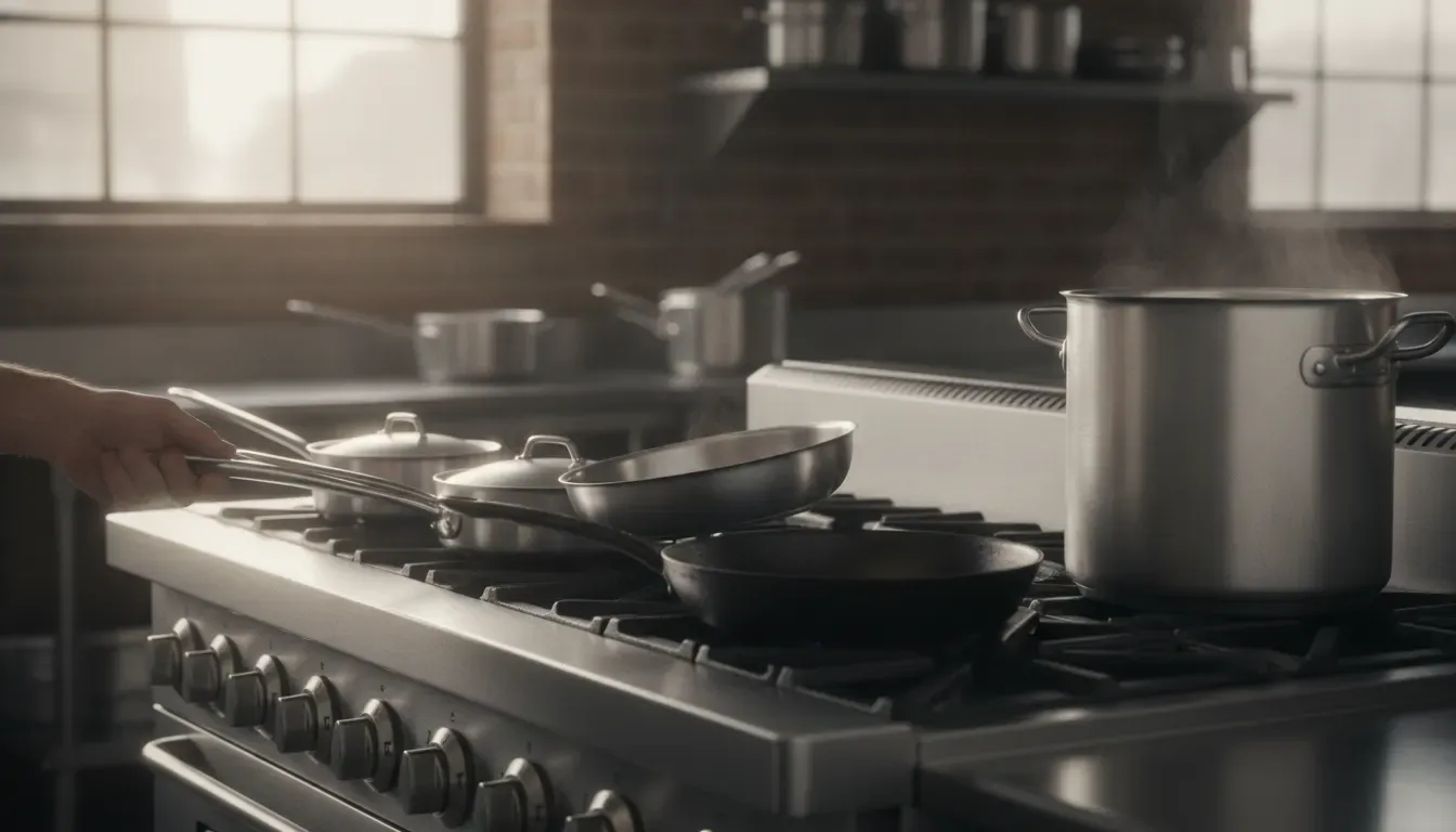 Commercial cookware including saute pans, skillets, and a stockpot on a professional kitchen range
