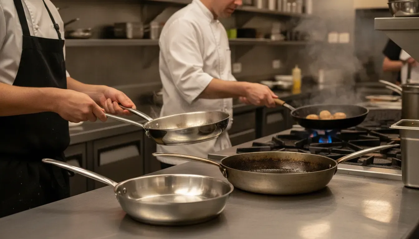 Professional cooks using stainless steel and seasoned pans during commercial kitchen service