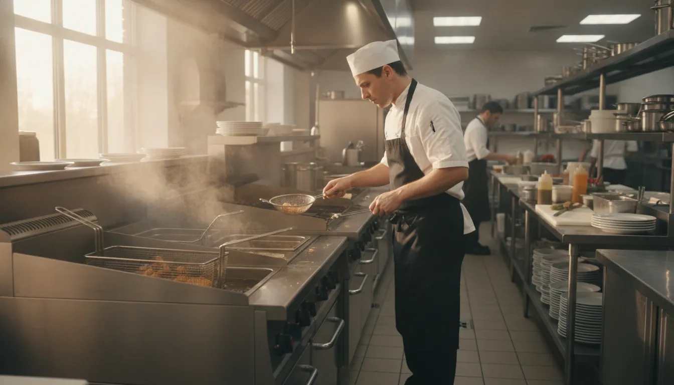 Stainless steel commercial deep fryer on a restaurant cooking line