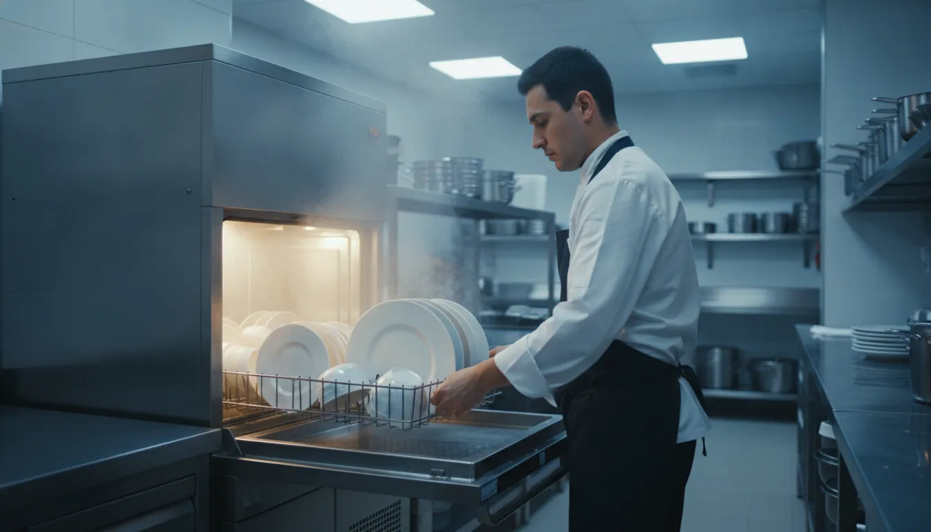 Stainless steel commercial dishwasher in a restaurant kitchen with a worker loading clean racks