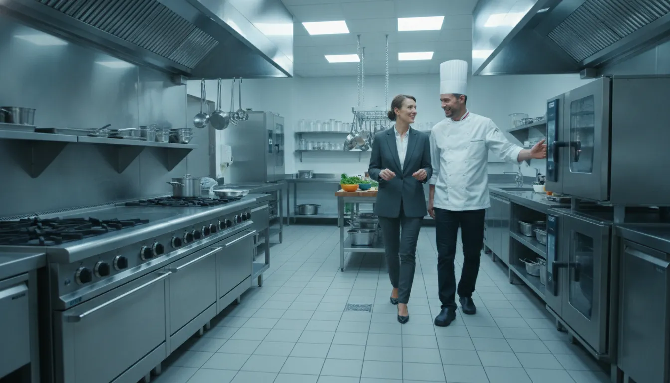Restaurant owner and chef examining commercial kitchen equipment in a professional kitchen