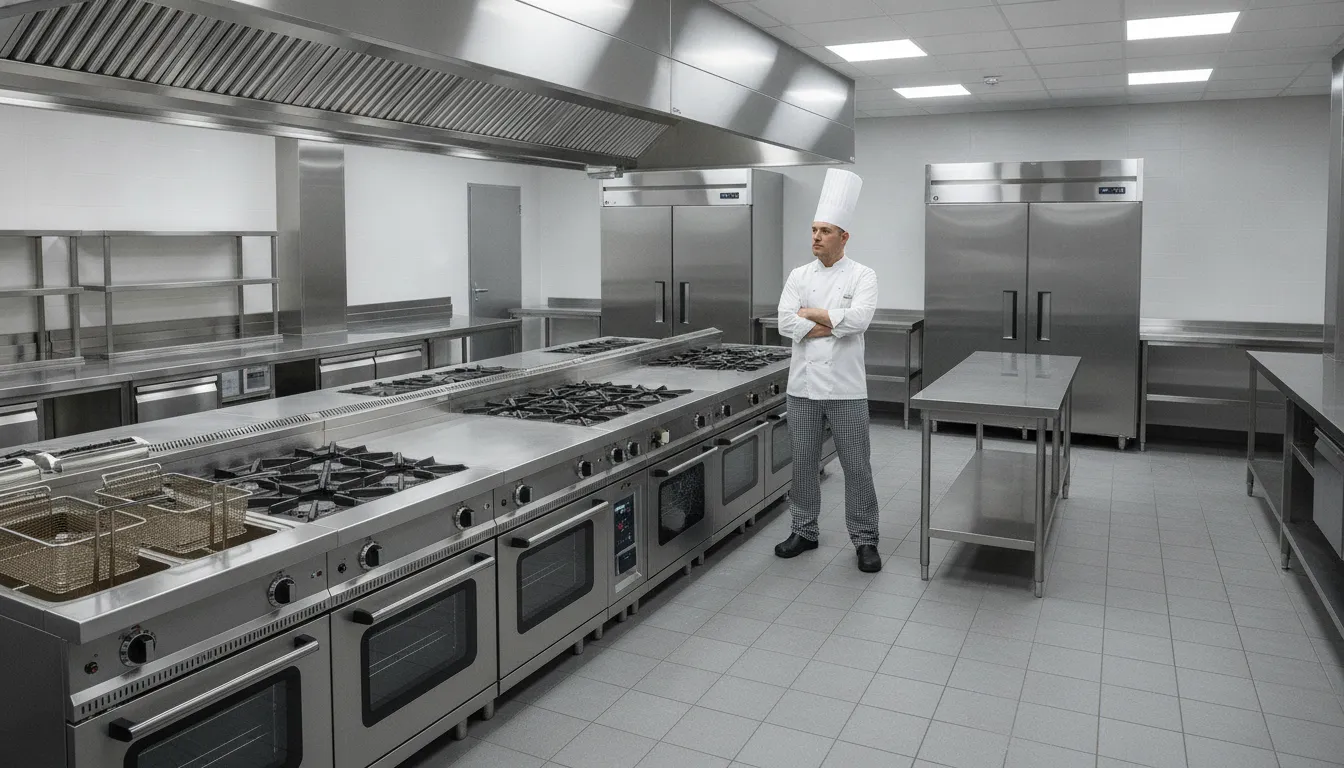 Commercial kitchen equipment and refrigeration in a new restaurant kitchen