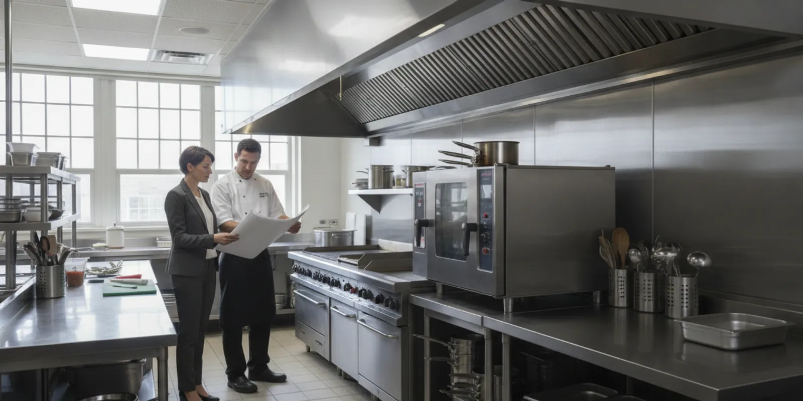 Commercial restaurant cooking line beneath a stainless steel hood, ready for fire-safety planning