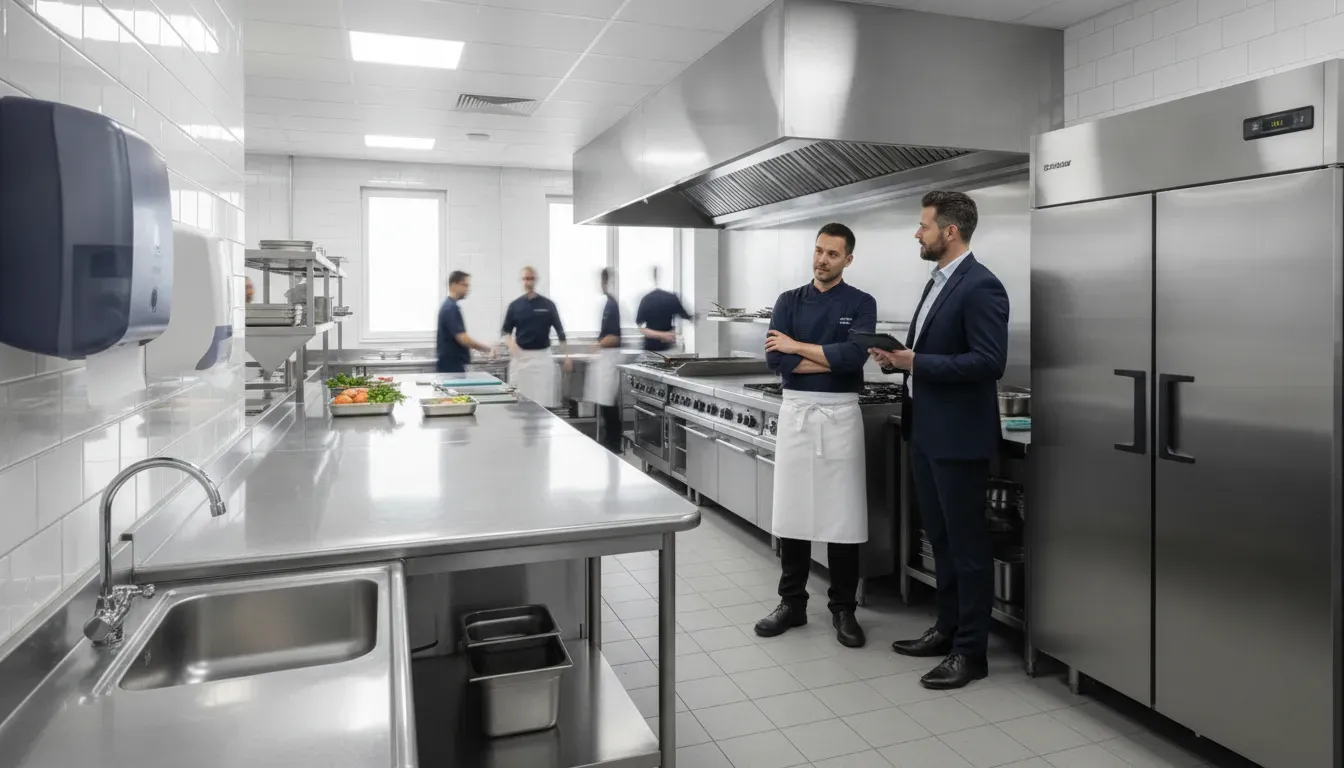Commercial restaurant kitchen with handwashing sink, stainless surfaces, commercial refrigeration, and ventilation hood