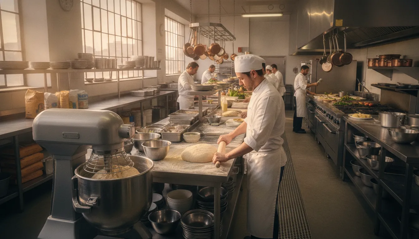 Commercial mixer with bowl and attachments in a professional foodservice kitchen
