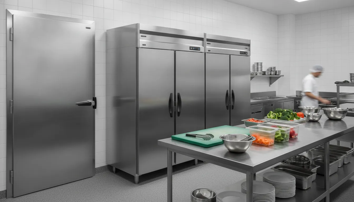 Commercial walk-in cooler and stainless steel reach-in refrigerators in a restaurant back-of-house kitchen