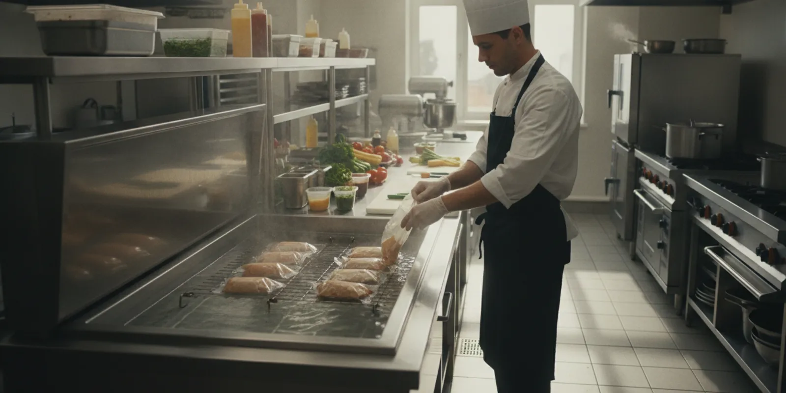 Commercial kitchen operator checks a covered sous vide water bath at a stainless prep counter