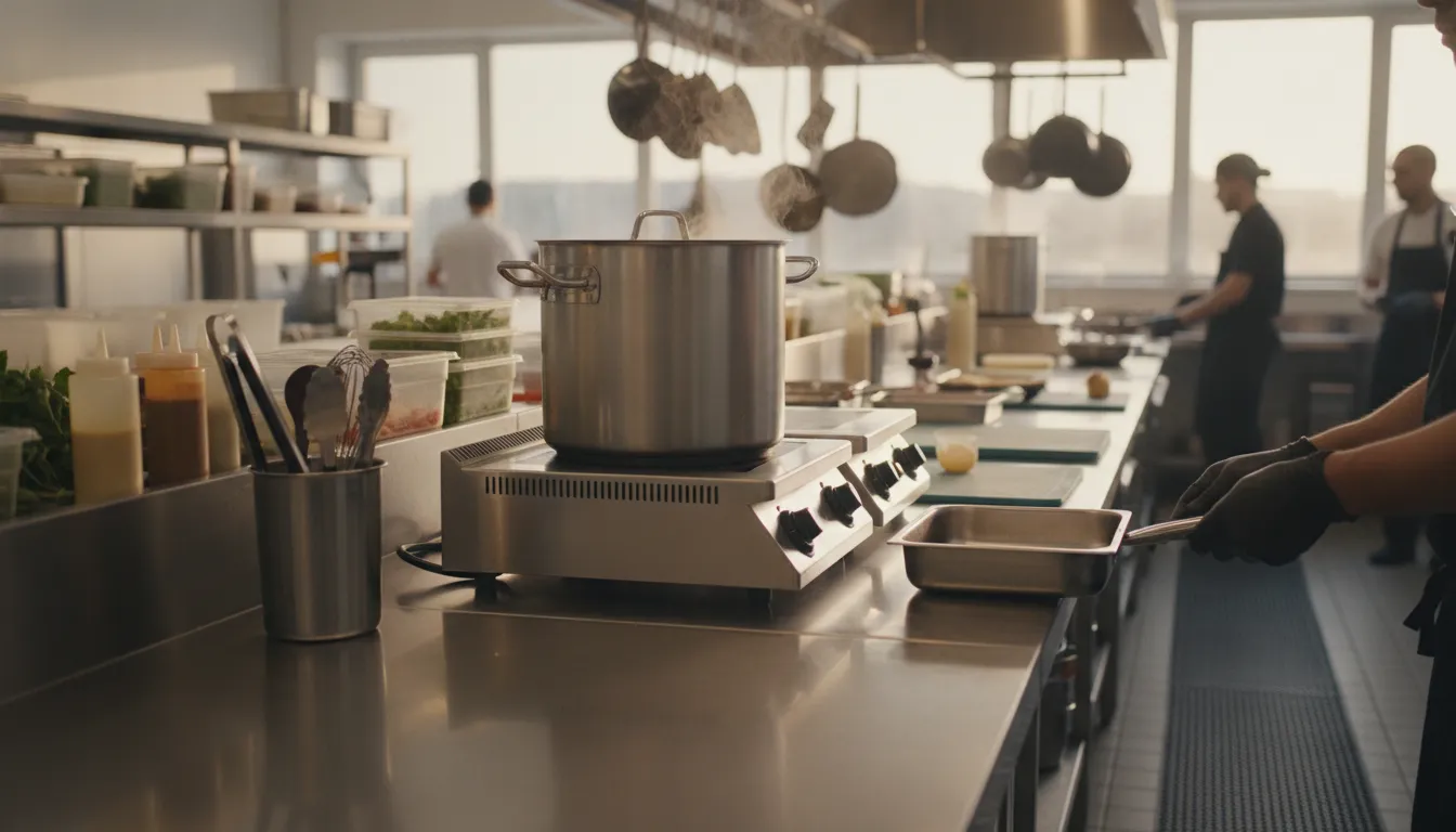 Commercial hot plate supporting a stock pot on a stainless kitchen station