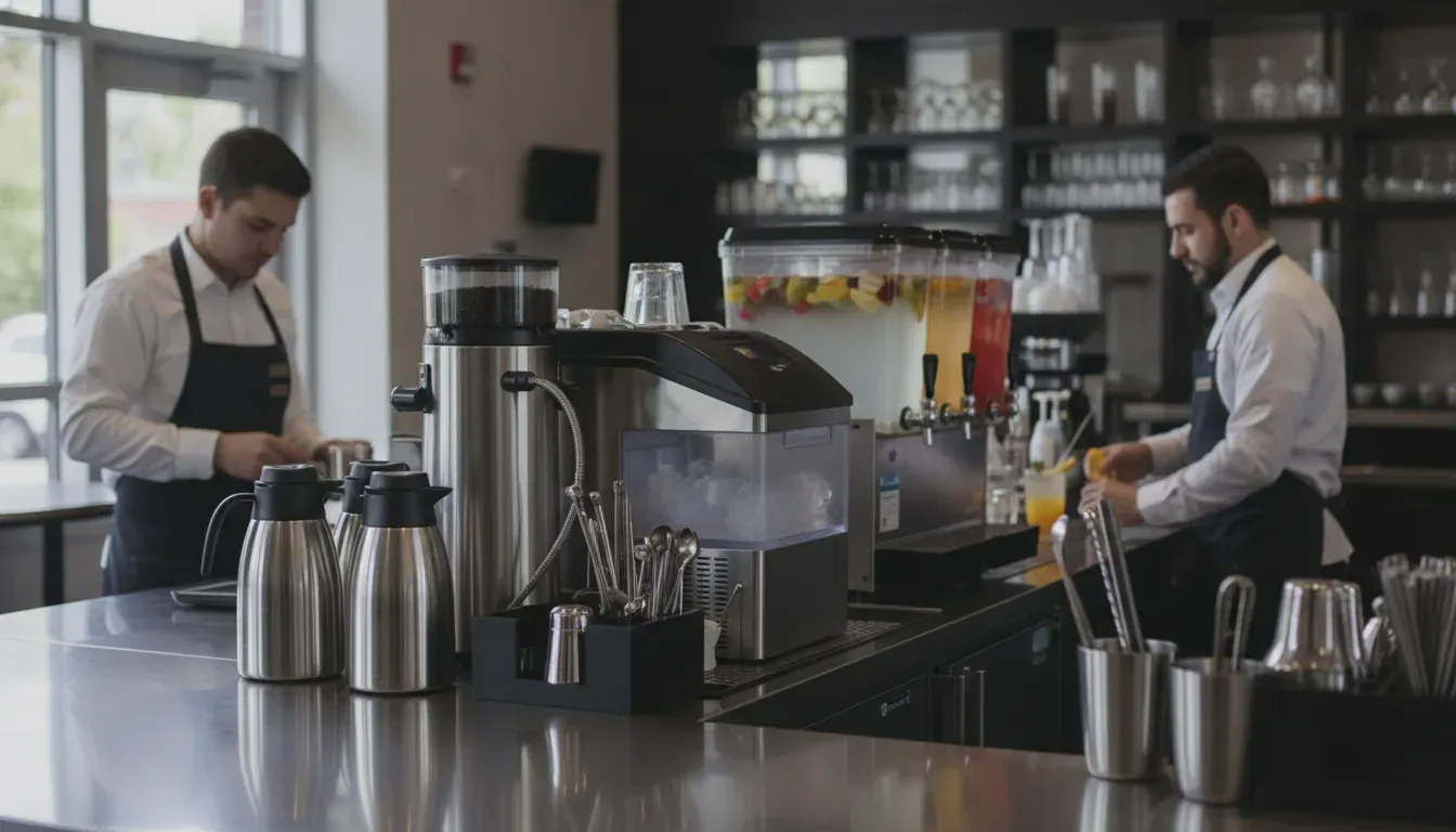 Busy commercial beverage station with coffee brewer, thermal servers, beverage dispenser, ice machine, and organized bar tools