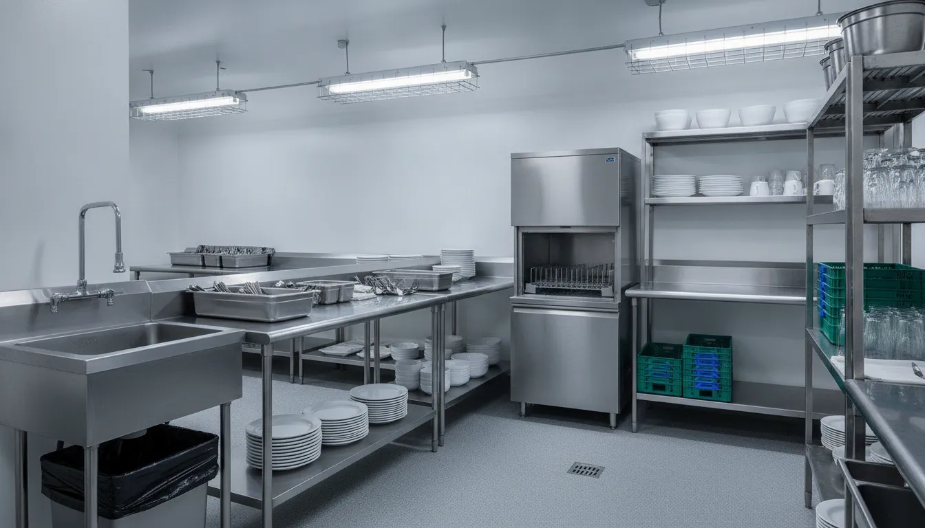 Commercial dish room layout with soiled dish drop-off and scrape station, center dishwasher, and clean rack storage and landing space