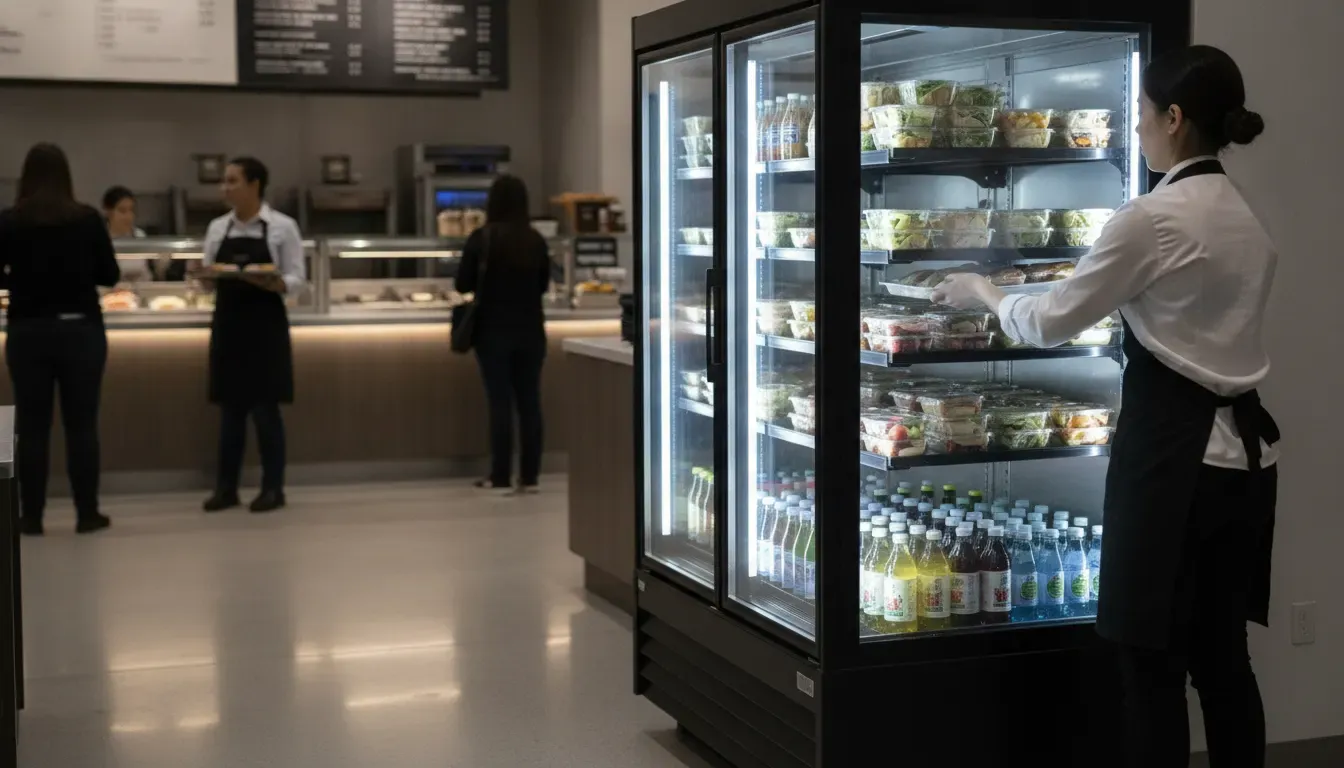 Open-front commercial refrigerated display case arranged for grab-and-go foodservice merchandising