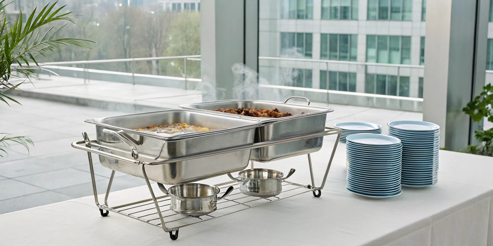 Disposable aluminum chafing dish in a wire rack with fuel canister on a buffet table