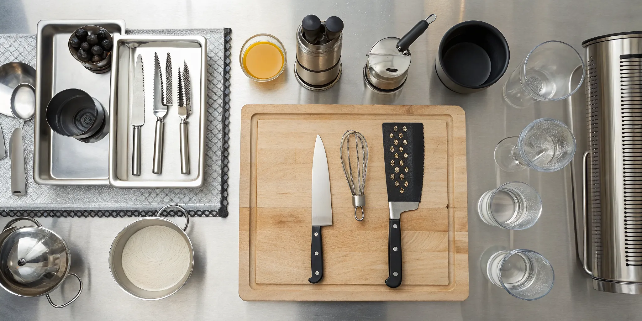 Essential food preparation tools and equipment for a restaurant on a steel prep table.