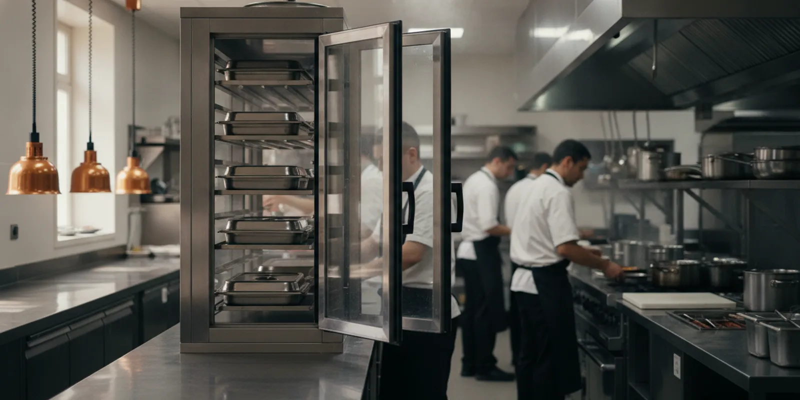Commercial foodservice team arranging hot dishes in a pass-through holding cabinet before a busy service