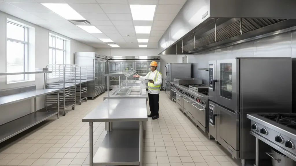 Commercial cooking, refrigeration, serving, and prep equipment in a K-12 school foodservice kitchen