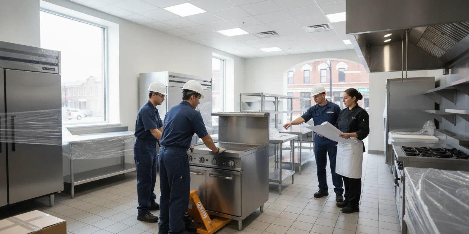 Commercial kitchen equipment being carefully positioned and installed in a restaurant kitchen