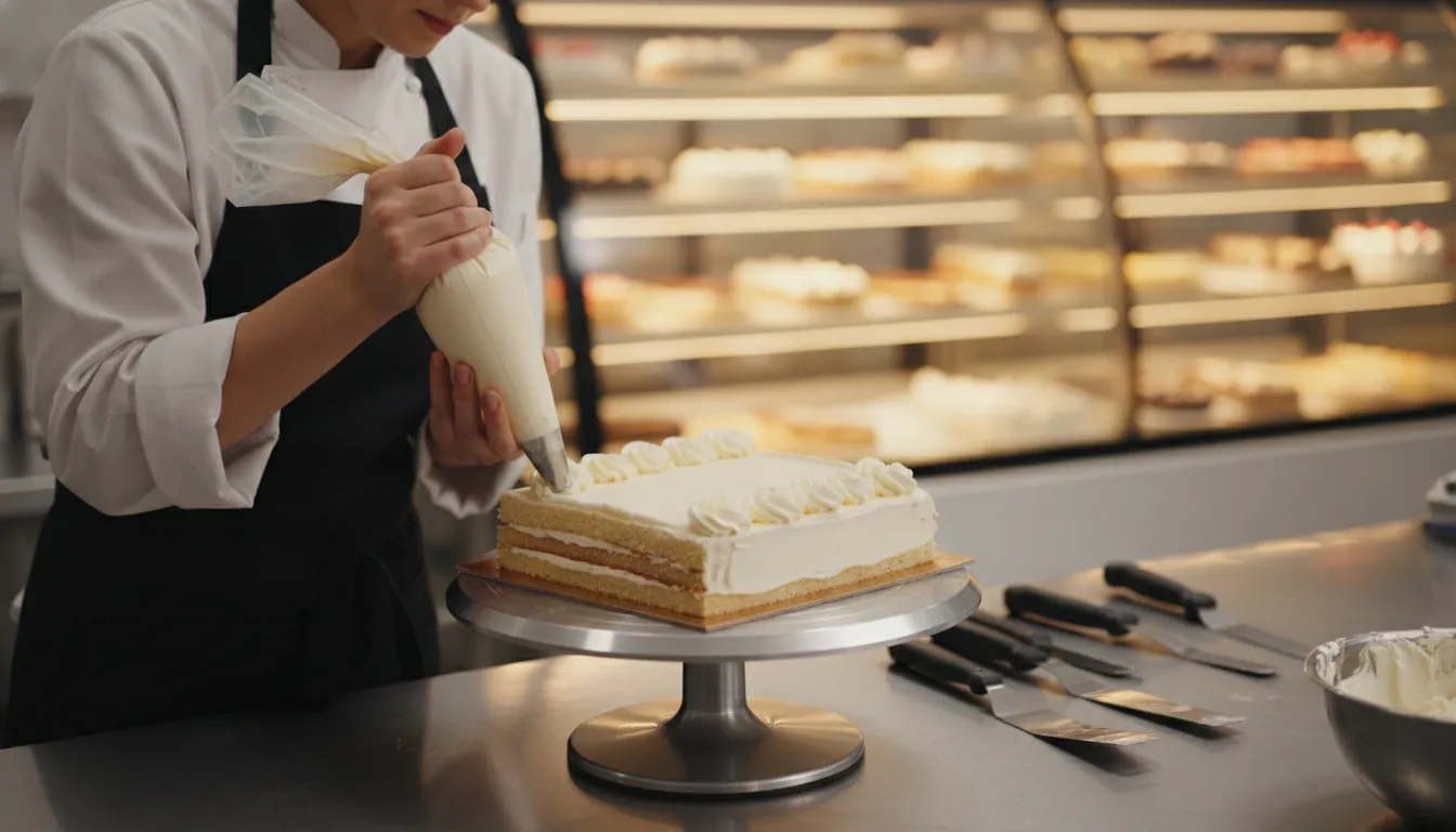 Baker frosting a layered cake with a piping bag in a commercial bakery kitchen