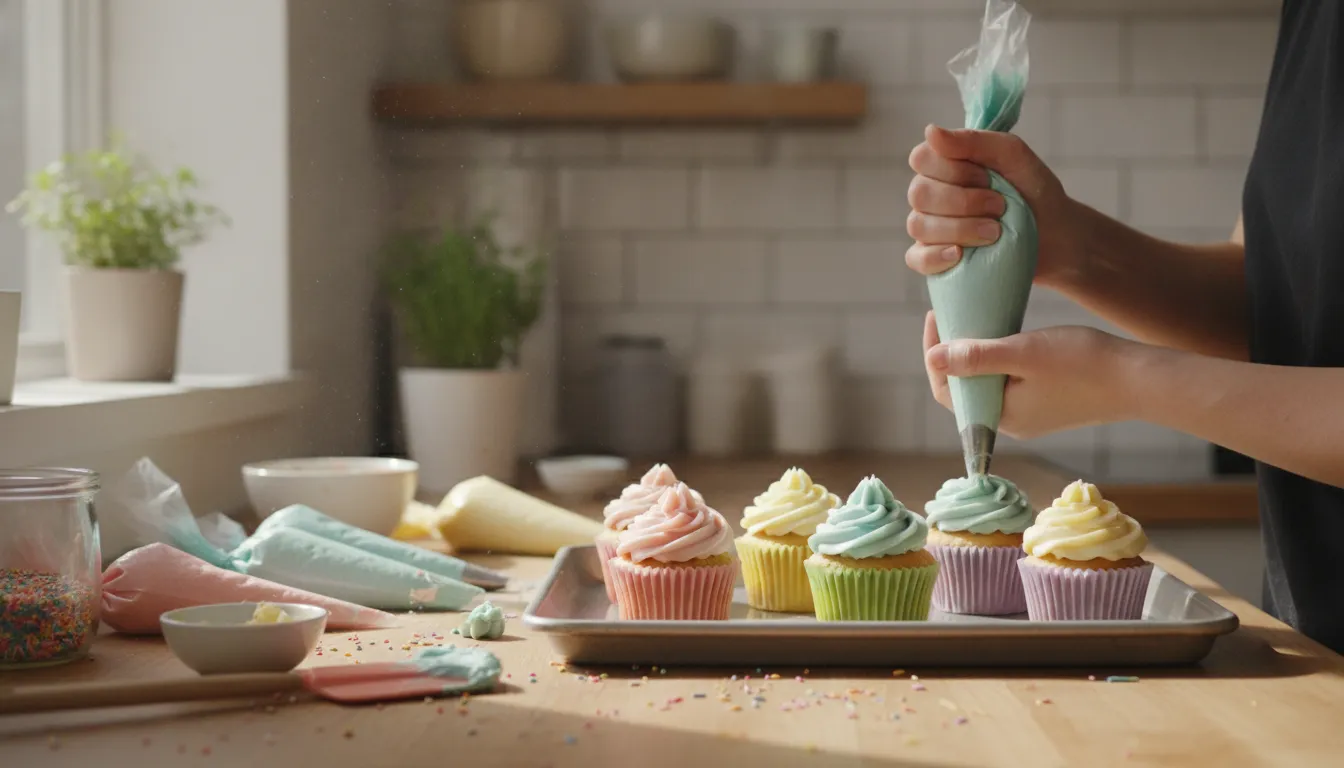 Home cook frosting cupcakes with a piping bag at a home kitchen counter