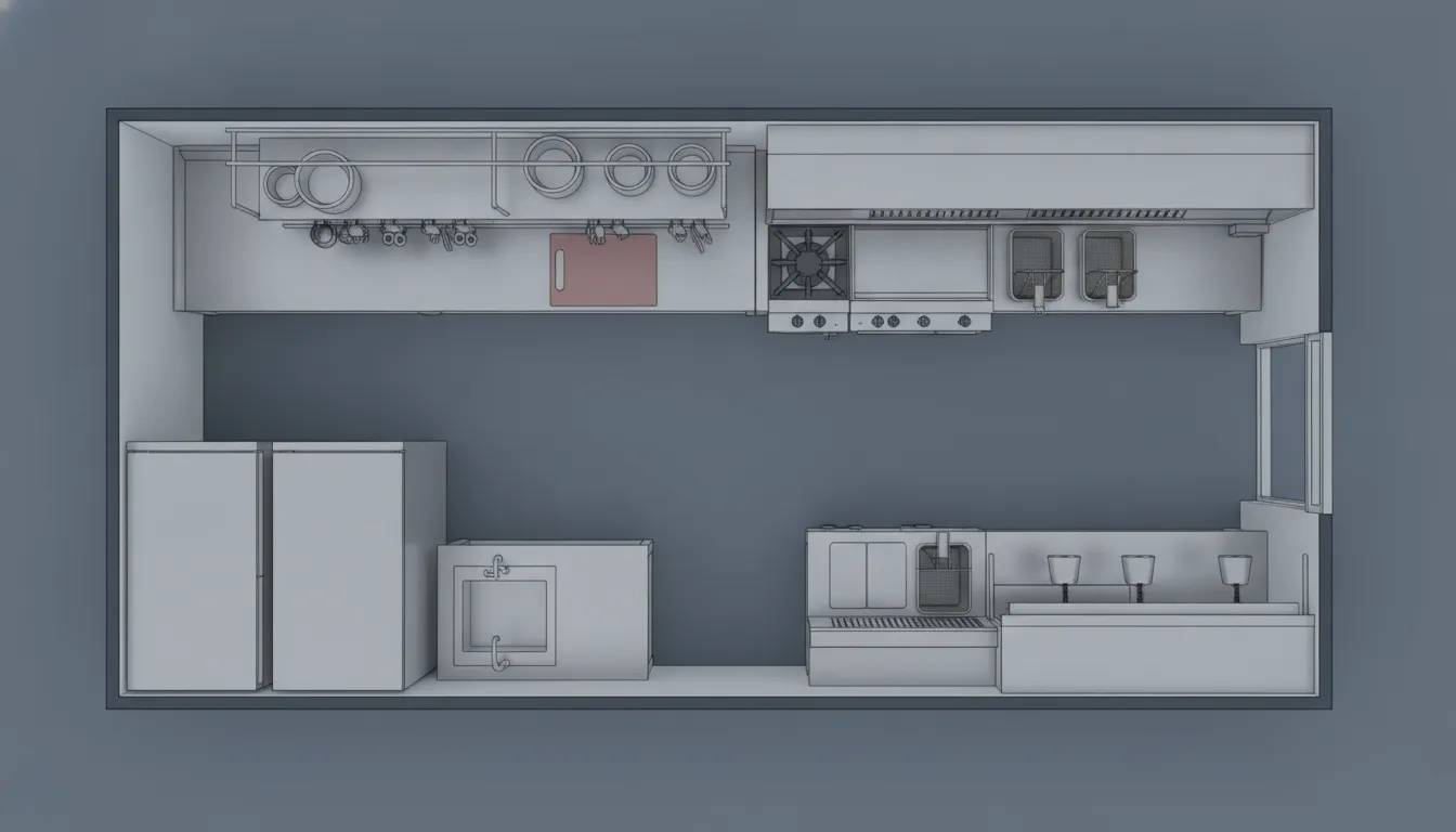 Overhead floor plan of a compact galley commercial kitchen with parallel work runs