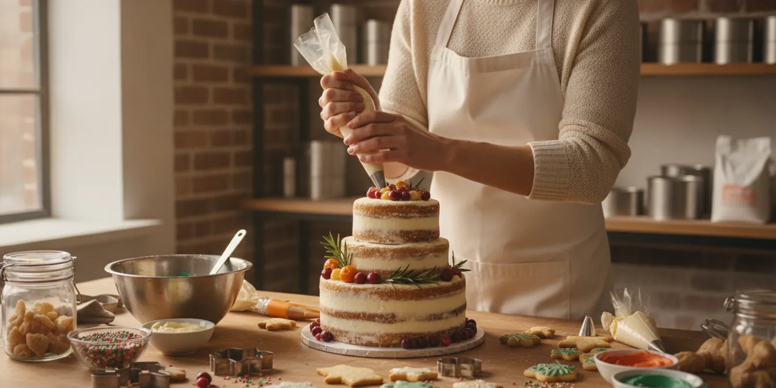 Baker piping seasonal details onto decorated holiday cake at a bakery worktable