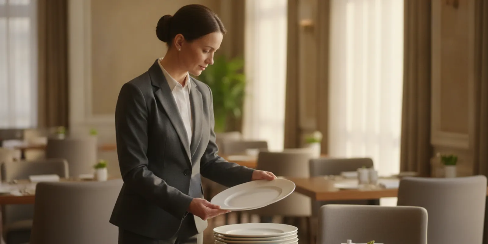 Restaurant manager comparing white dinner plates on a dining table